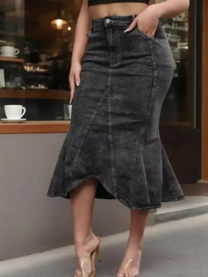 Women's Maxi Denim Skirt - High-Waist Slit Detail detail view