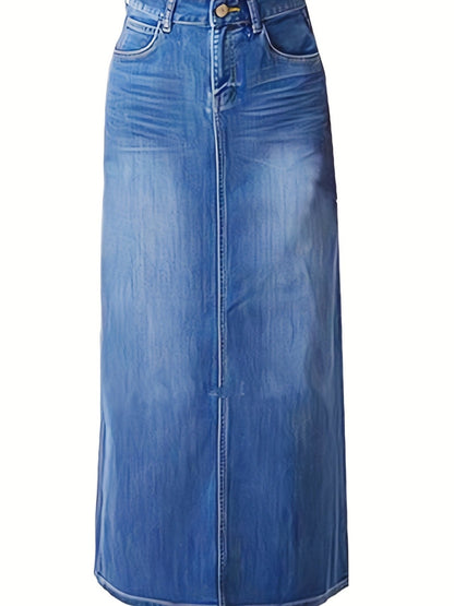 Women's Maxi Denim Skirt - Mid-Rise Solid Color – Blue option – view 3