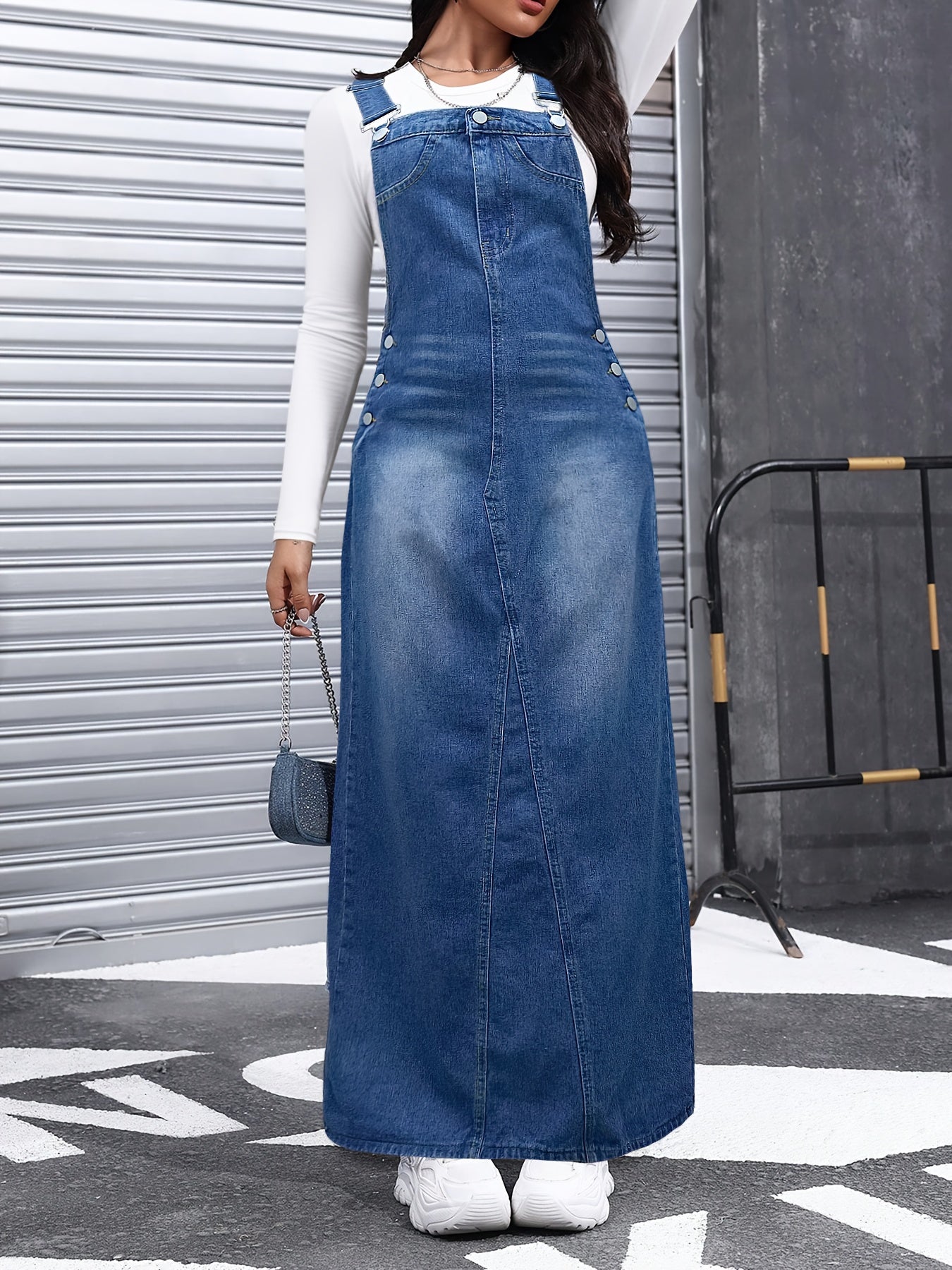 Women's Maxi Denim Skirt - Solid Color Button Front detail view