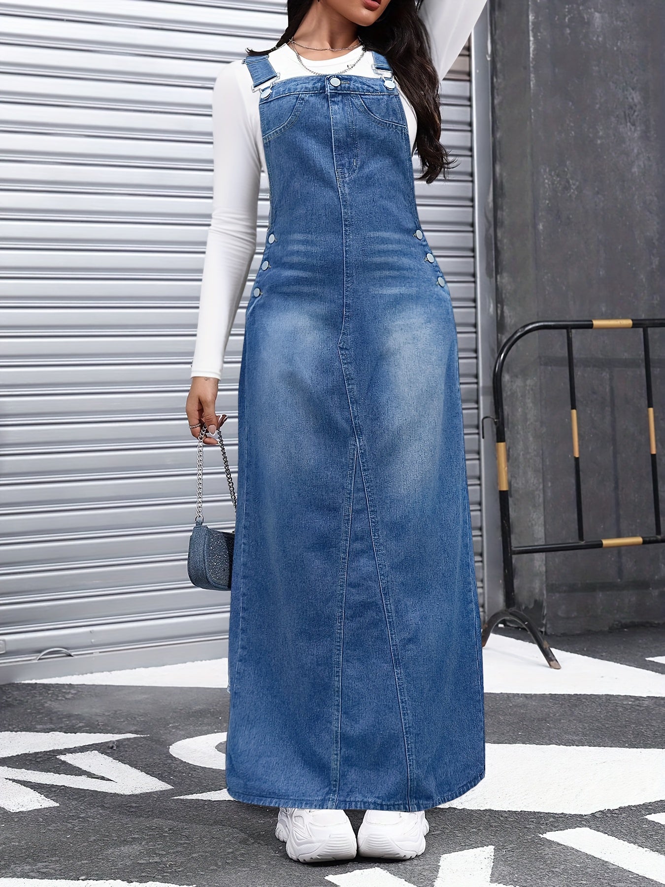 Women's Maxi Denim Skirt - Solid Color Button Front detail view