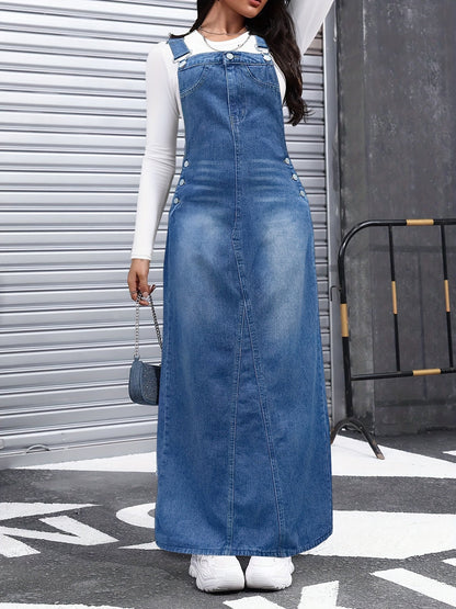 Women's Maxi Denim Skirt - Solid Color Button Front detail view