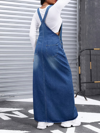 Women's Maxi Denim Skirt - Solid Color Button Front detail view