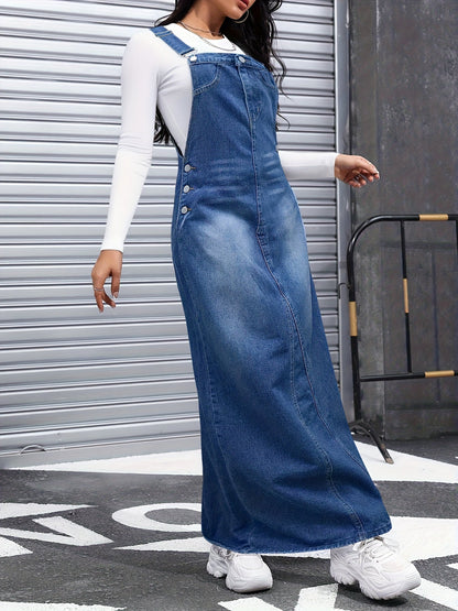 Women's Maxi Denim Skirt - Solid Color Button Front detail view
