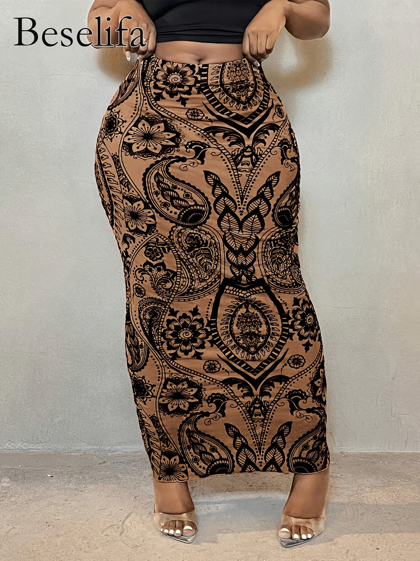 Women's Maxi Pencil Skirt - Floral Print Tulle Layer – Khaki option – main product image
