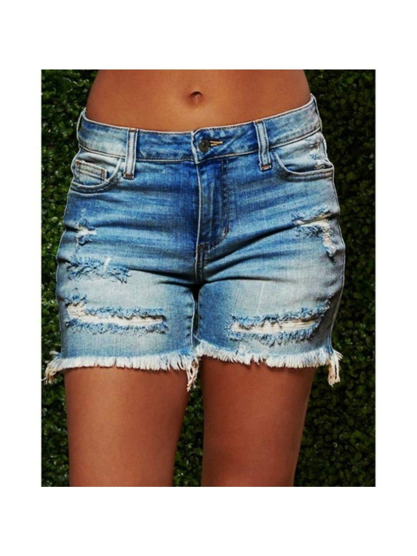 Women's Mid-Rise Denim Shorts - Dark Blue Distressed detail view