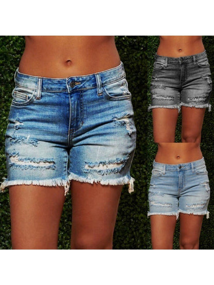 Women's Mid-Rise Denim Shorts - Dark Blue Distressed detail view