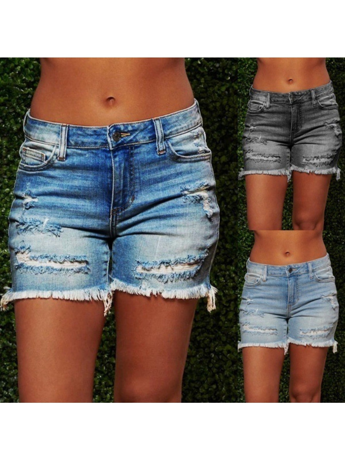 Women's Mid-Rise Denim Shorts - Dark Blue Distressed detail view