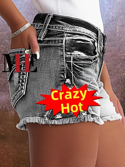 Women's Mid-Rise Denim Shorts - Distressed Regular Fit detail view