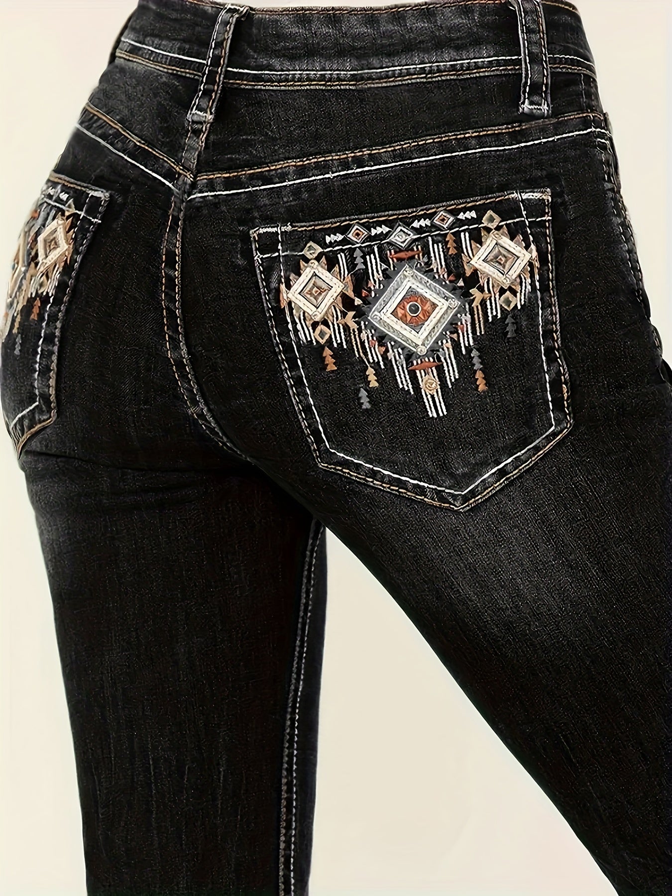 Women's Mid-Rise Flare Jeans - Black Embroidered – view 3