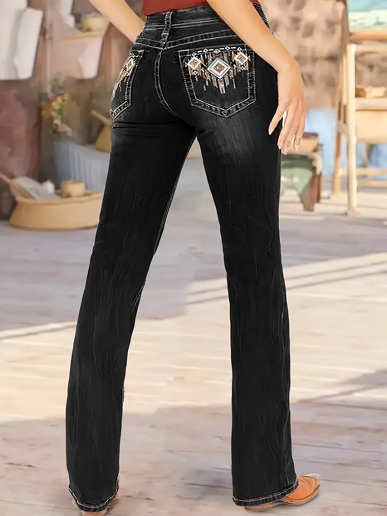 Women's Mid-Rise Flare Jeans - Black Embroidered – view 7
