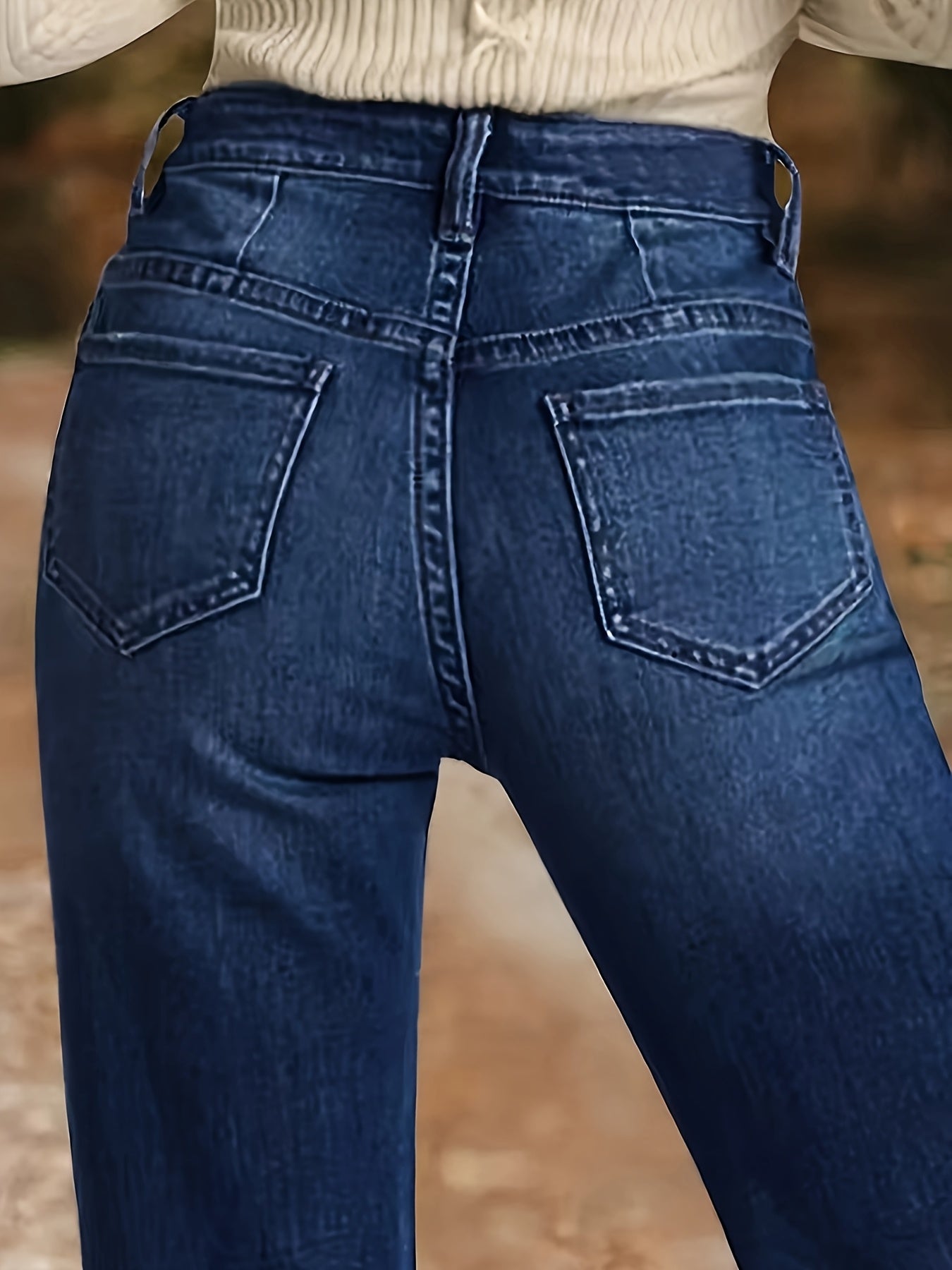 Women's Mid-Rise Flare Jeans - Dark Blue Button Detail Stretch detail view
