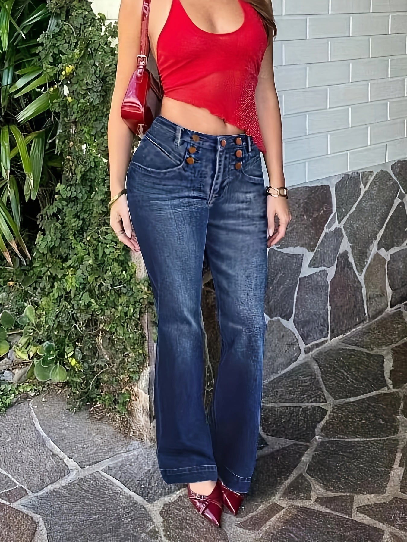 Women's Mid-Rise Flare Jeans - Dark Blue Button Detail Stretch detail view