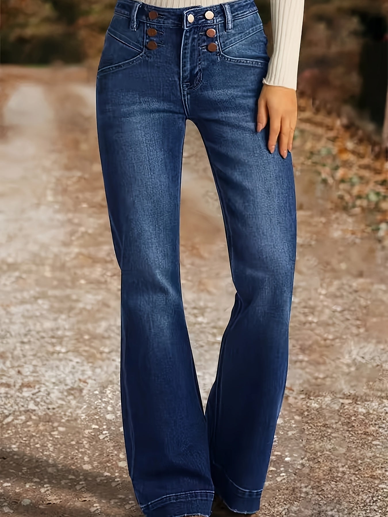Women's Mid-Rise Flare Jeans - Dark Blue Button Detail Stretch detail view