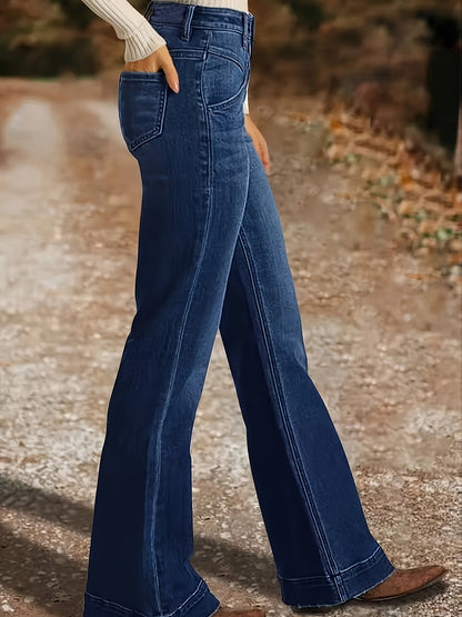 Women's Mid-Rise Flare Jeans - Dark Blue Button Detail Stretch detail view