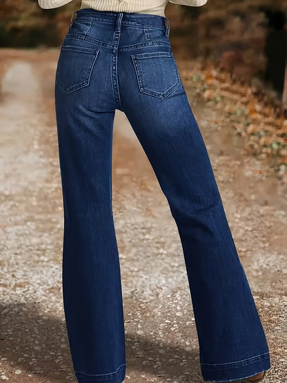 Women's Mid-Rise Flare Jeans - Dark Blue Button Detail Stretch detail view