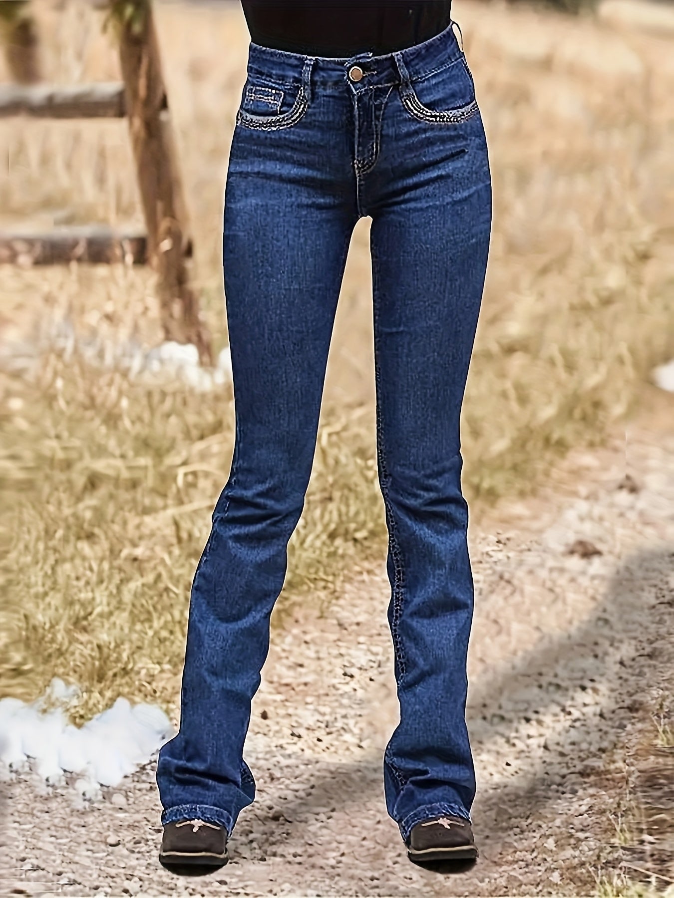 Women's Mid-Rise Flare Jeans - Dark Blue Embroidered Stretch detail view