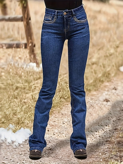 Women's Mid-Rise Flare Jeans - Dark Blue Embroidered Stretch detail view