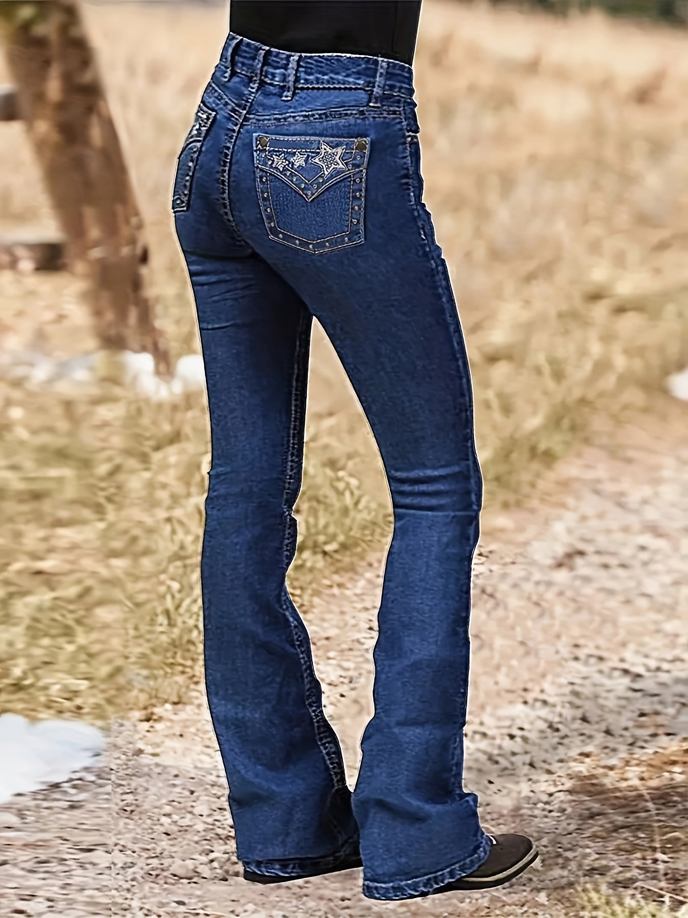 Women's Mid-Rise Flare Jeans - Dark Blue Embroidered Stretch detail view
