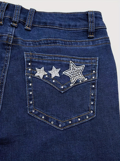 Women's Mid-Rise Flare Jeans - Dark Blue Embroidered Stretch detail view