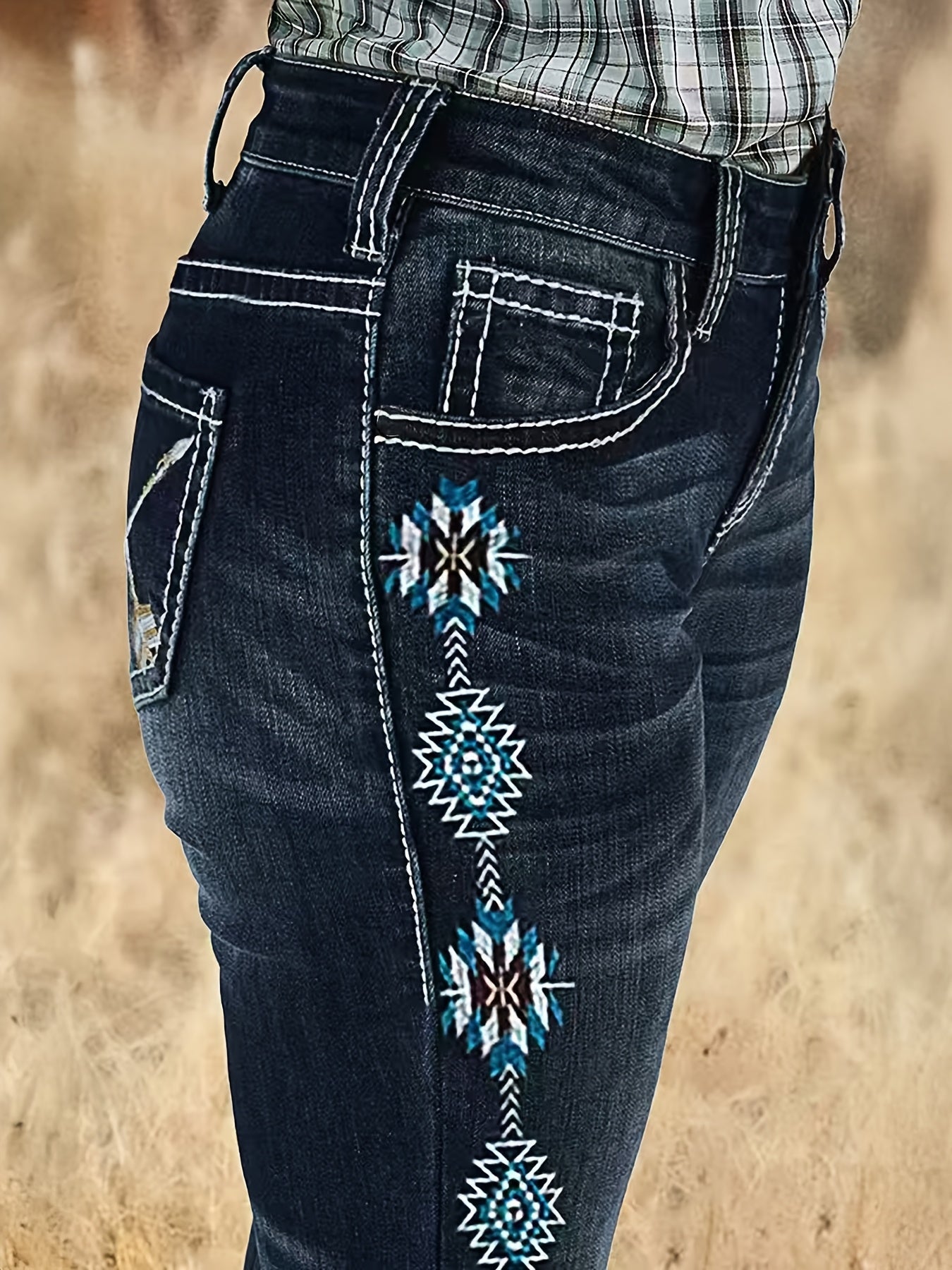 Women's Mid-Rise Flare Jeans - Dark Blue Embroidered Stretch Streetwear detail view