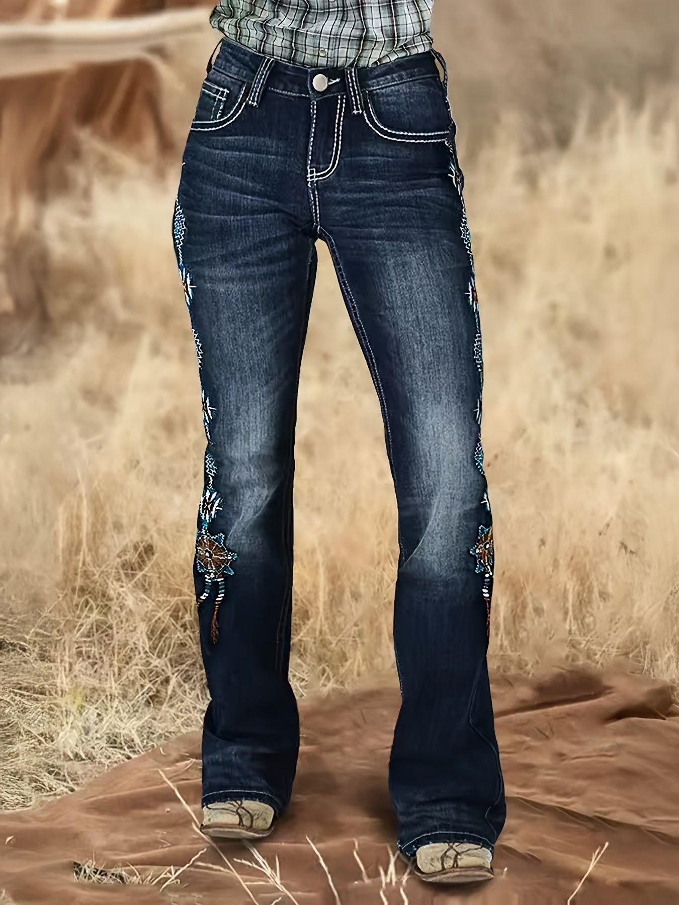 Women's Mid-Rise Flare Jeans - Dark Blue Embroidered Stretch Streetwear detail view