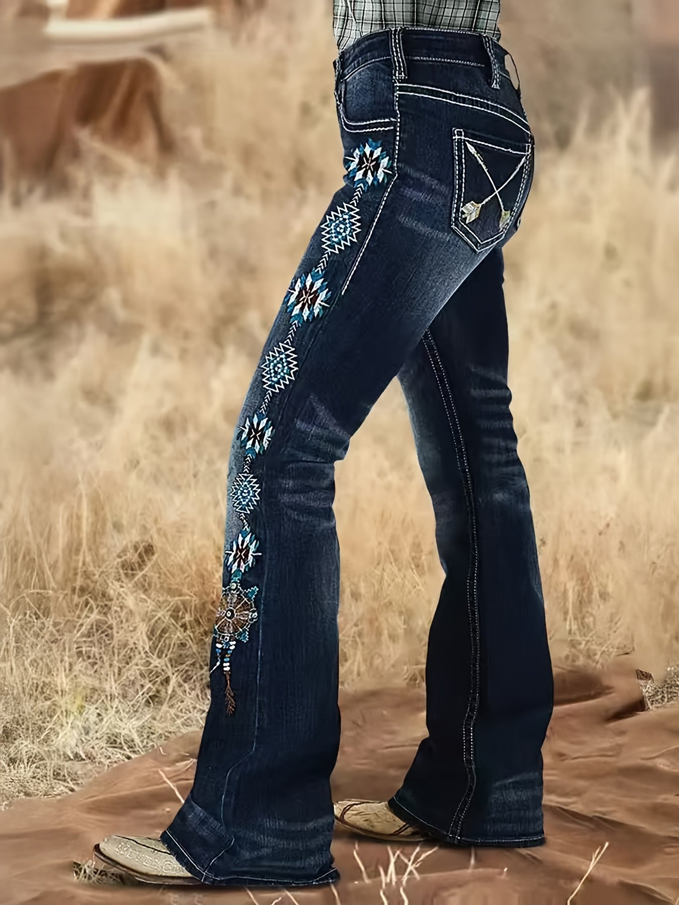 Women's Mid-Rise Flare Jeans - Dark Blue Embroidered Stretch Streetwear detail view