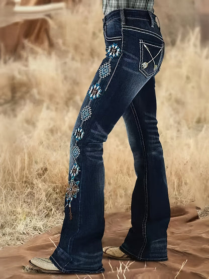 Women's Mid-Rise Flare Jeans - Dark Blue Embroidered Stretch Streetwear detail view