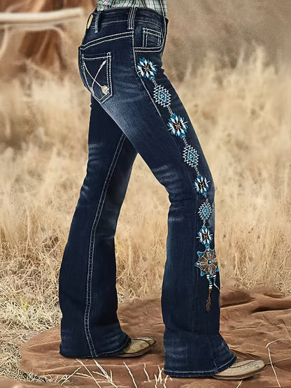 Women's Mid-Rise Flare Jeans - Dark Blue Embroidered Stretch Streetwear detail view