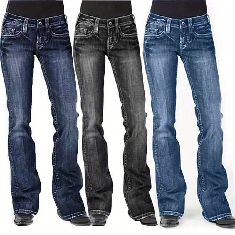Women's Mid-Rise Flare Jeans - Deep Blue Stretch All-Season detail view