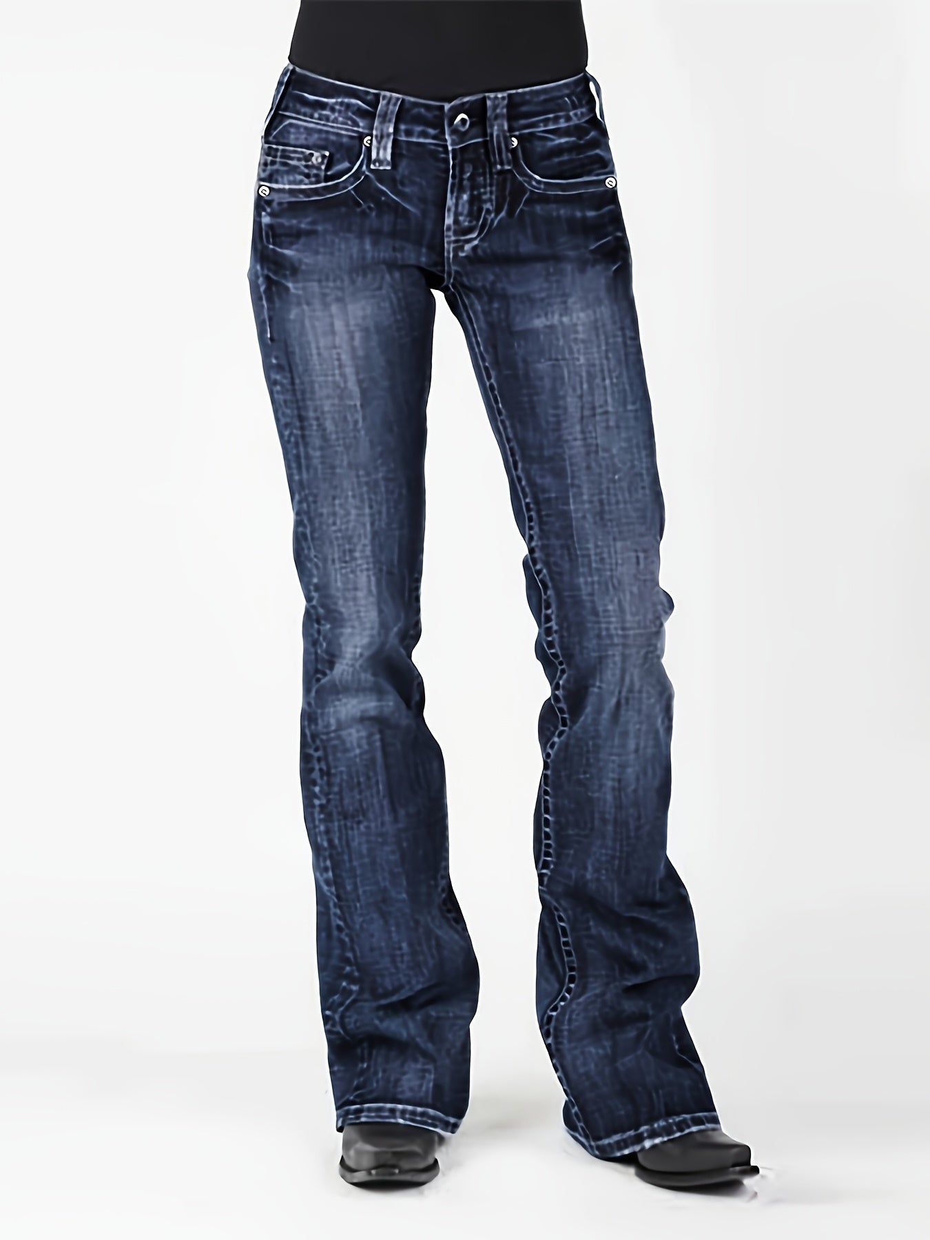 Women's Mid-Rise Flare Jeans - Deep Blue Stretch All-Season detail view