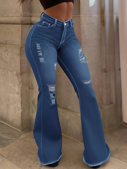 Women's Mid-Rise Flare Jeans - Medium Blue Distressed – Blue option – view 10