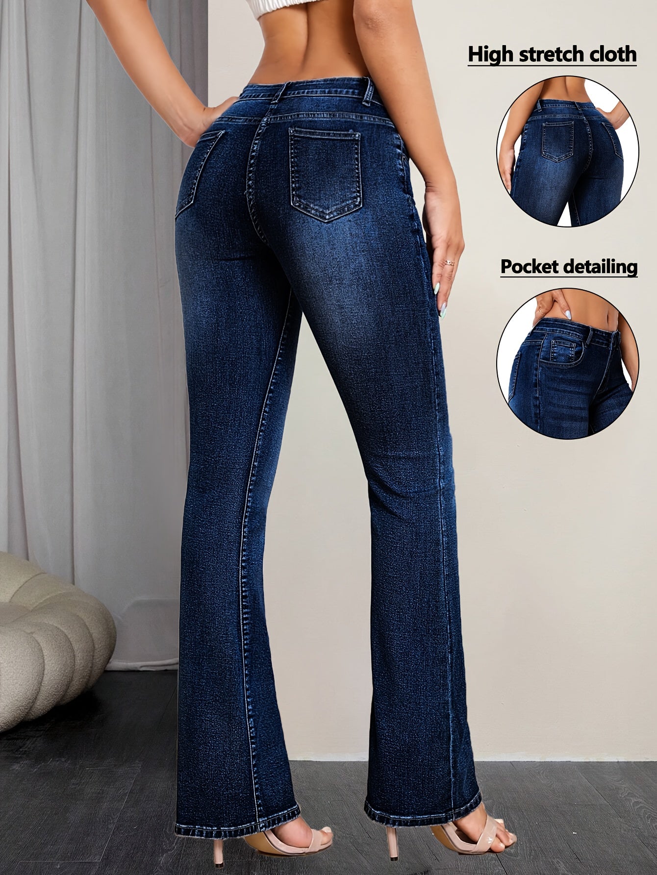 Women's Mid-Rise Flare Jeans - Medium Blue Distressed Stretch detail view