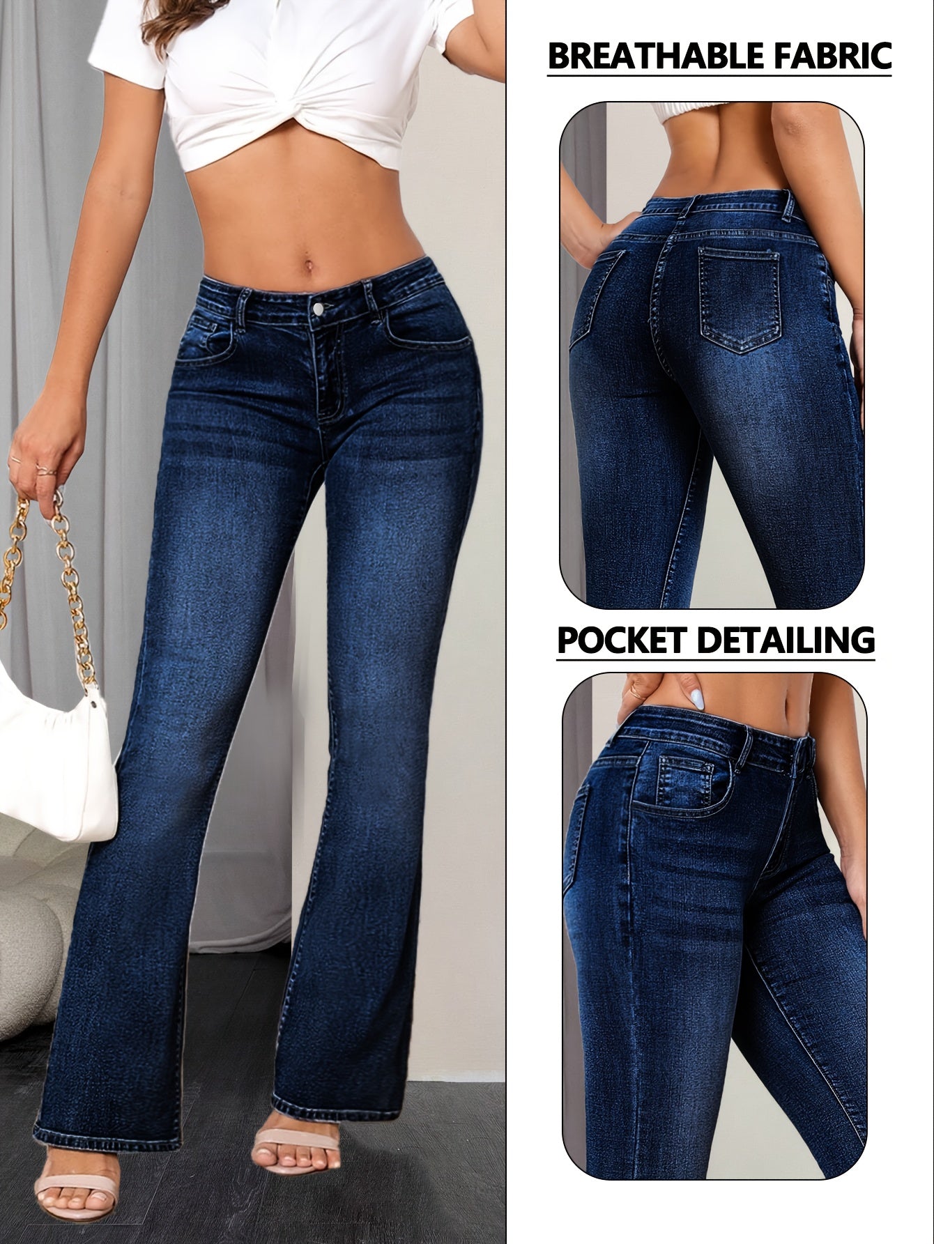 Women's Mid-Rise Flare Jeans - Medium Blue Distressed Stretch detail view