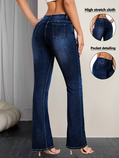 Women's Mid-Rise Flare Jeans - Medium Blue Distressed Stretch detail view