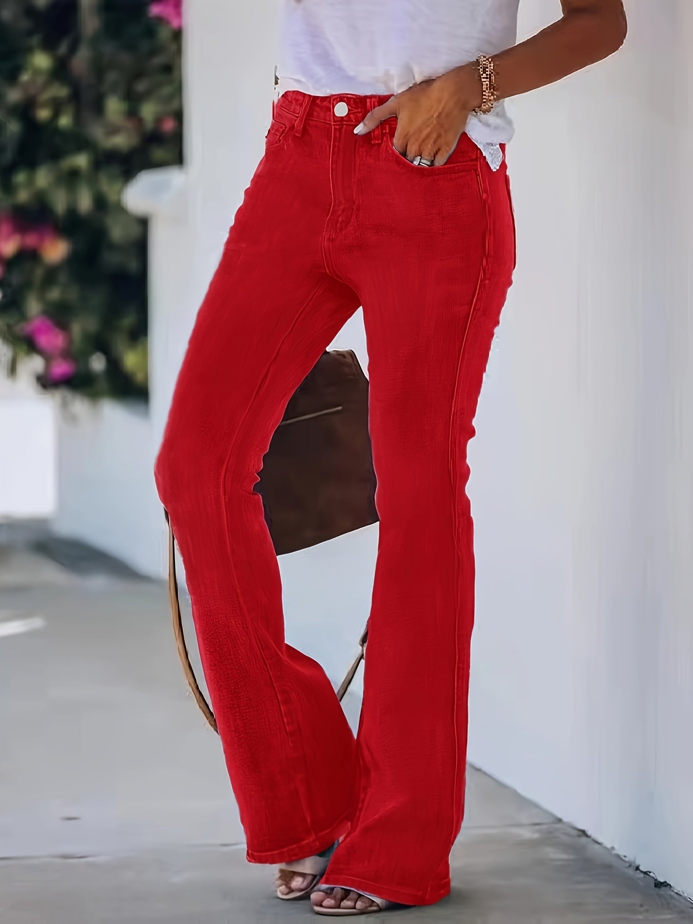 Women's Mid-Rise Flare Jeans - Red Pocket Detail Stretch detail view