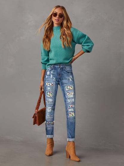 Women's Mid-Rise Jeans - Blue Distressed detail view