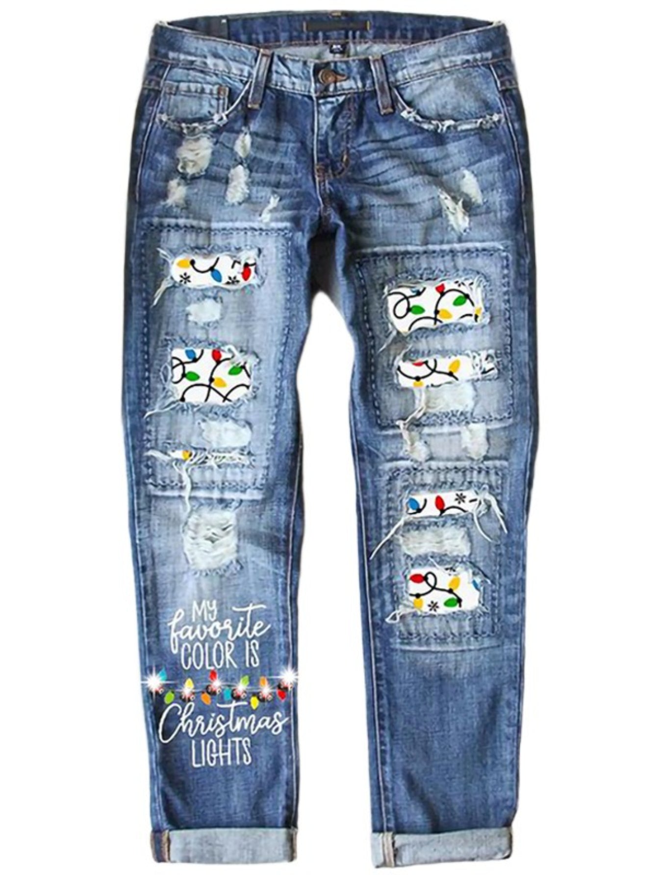 Women's Mid-Rise Jeans - Blue Distressed detail view