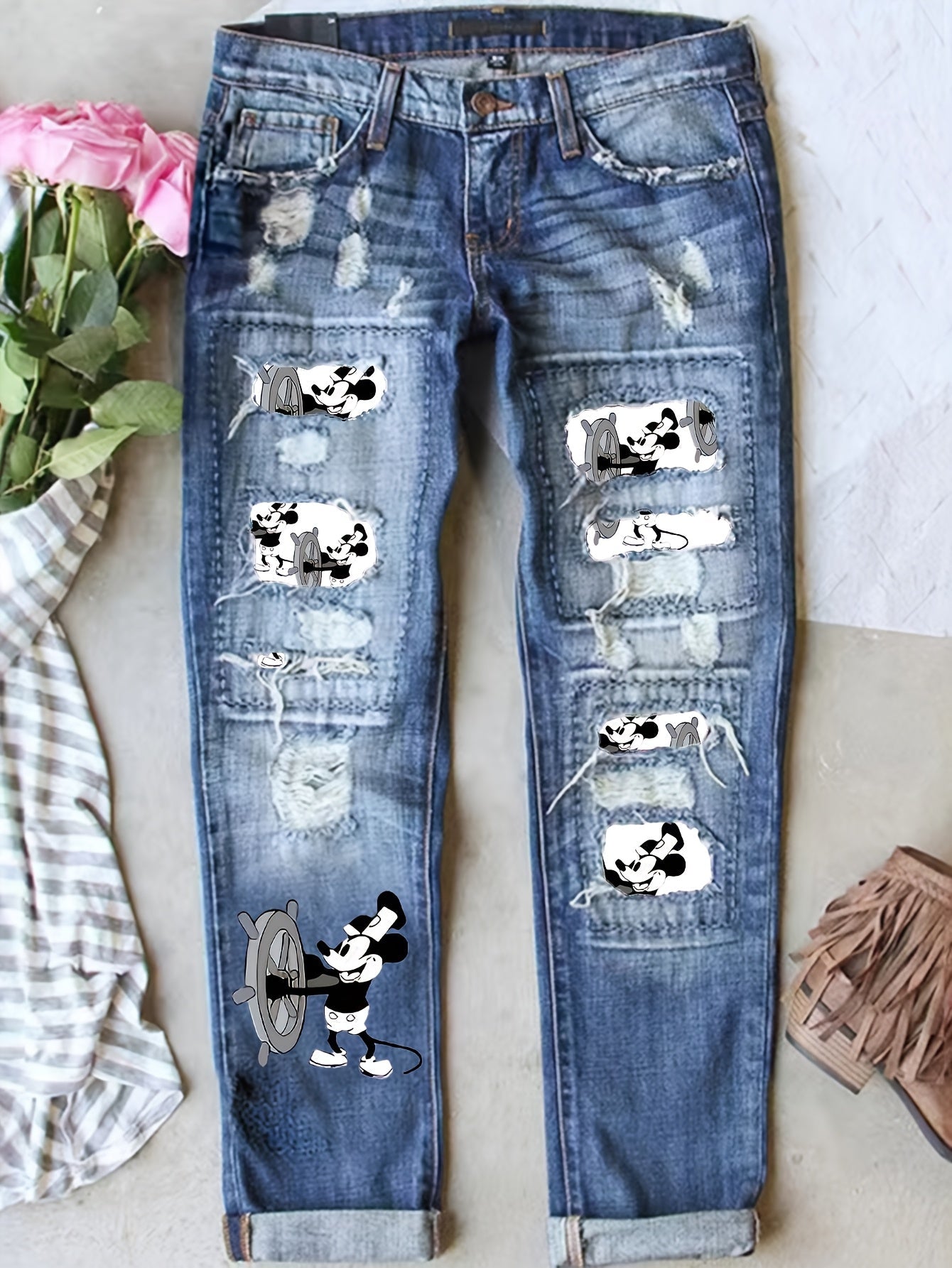 Women's Mid-Rise Jeans - Blue Distressed detail view