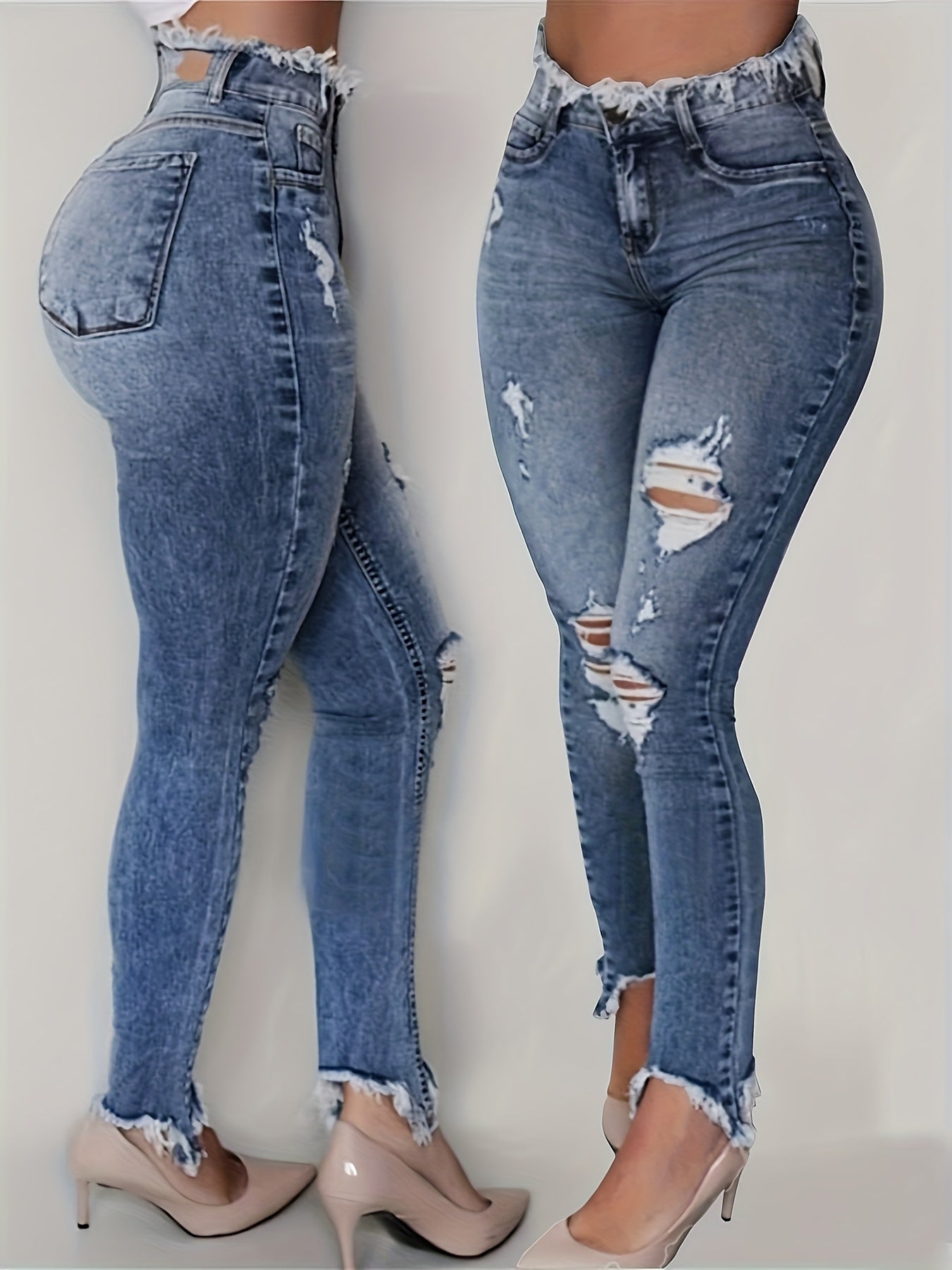 Women's Mid-Rise Jeans - Light Blue Distressed detail view