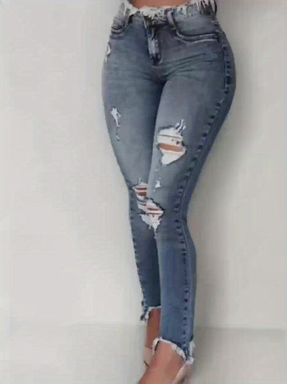Women's Mid-Rise Jeans - Light Blue Distressed detail view