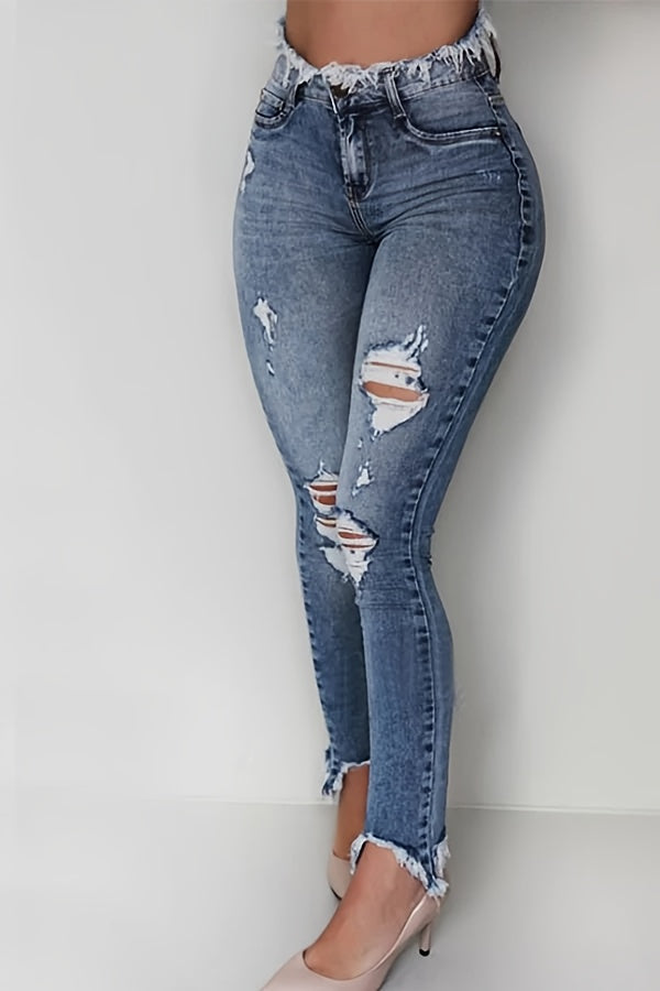 Women's Mid-Rise Jeans - Light Blue Distressed detail view