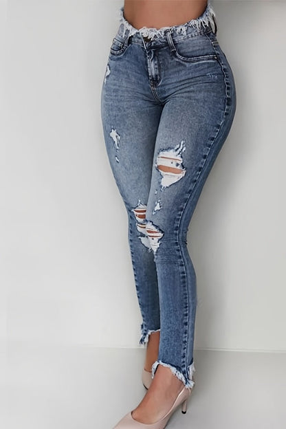 Women's Mid-Rise Jeans - Light Blue Distressed detail view
