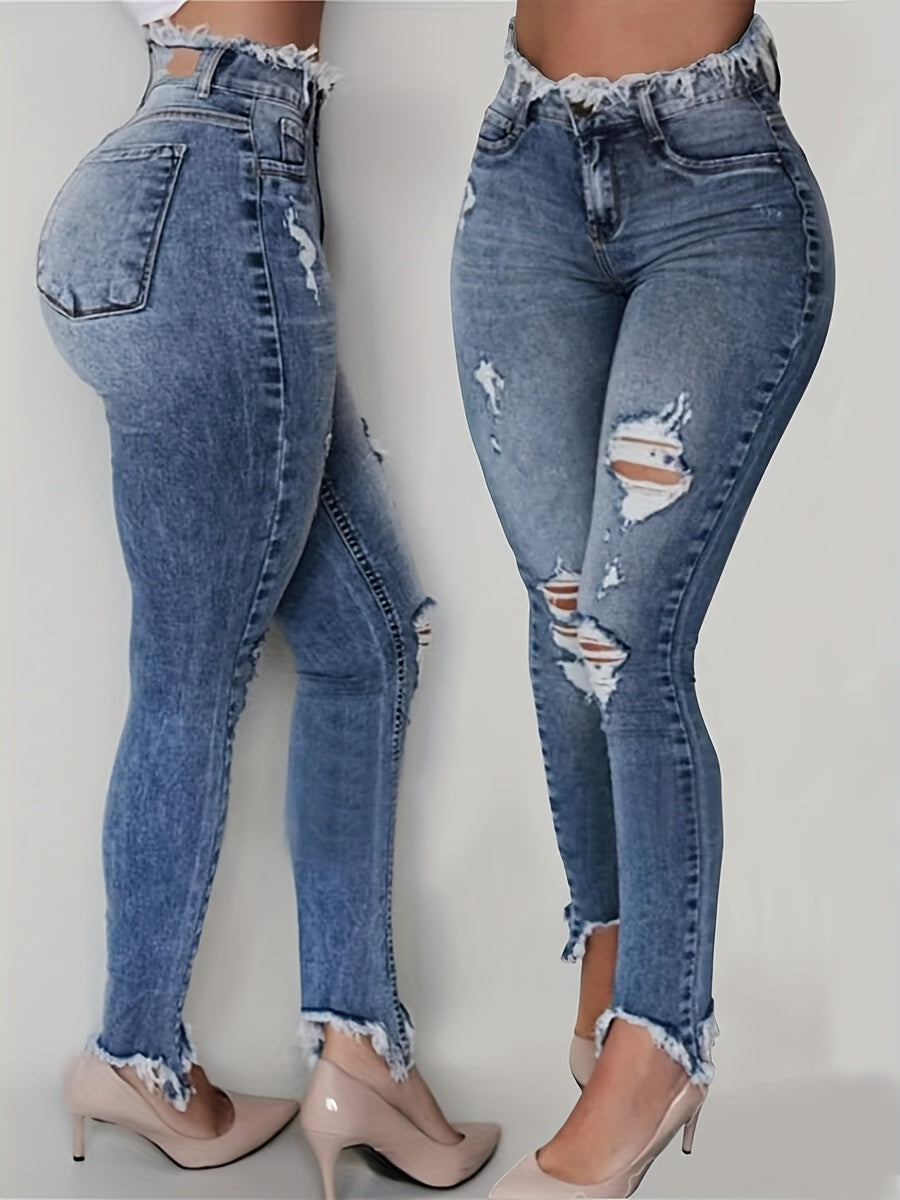Women's Mid-Rise Jeans - Light Blue Distressed detail view