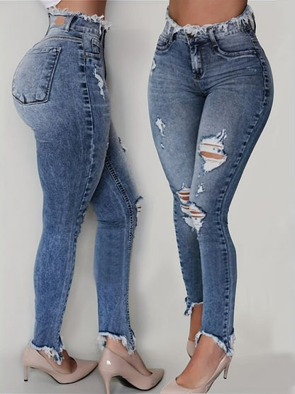 Women's Mid-Rise Jeans - Light Blue Distressed detail view