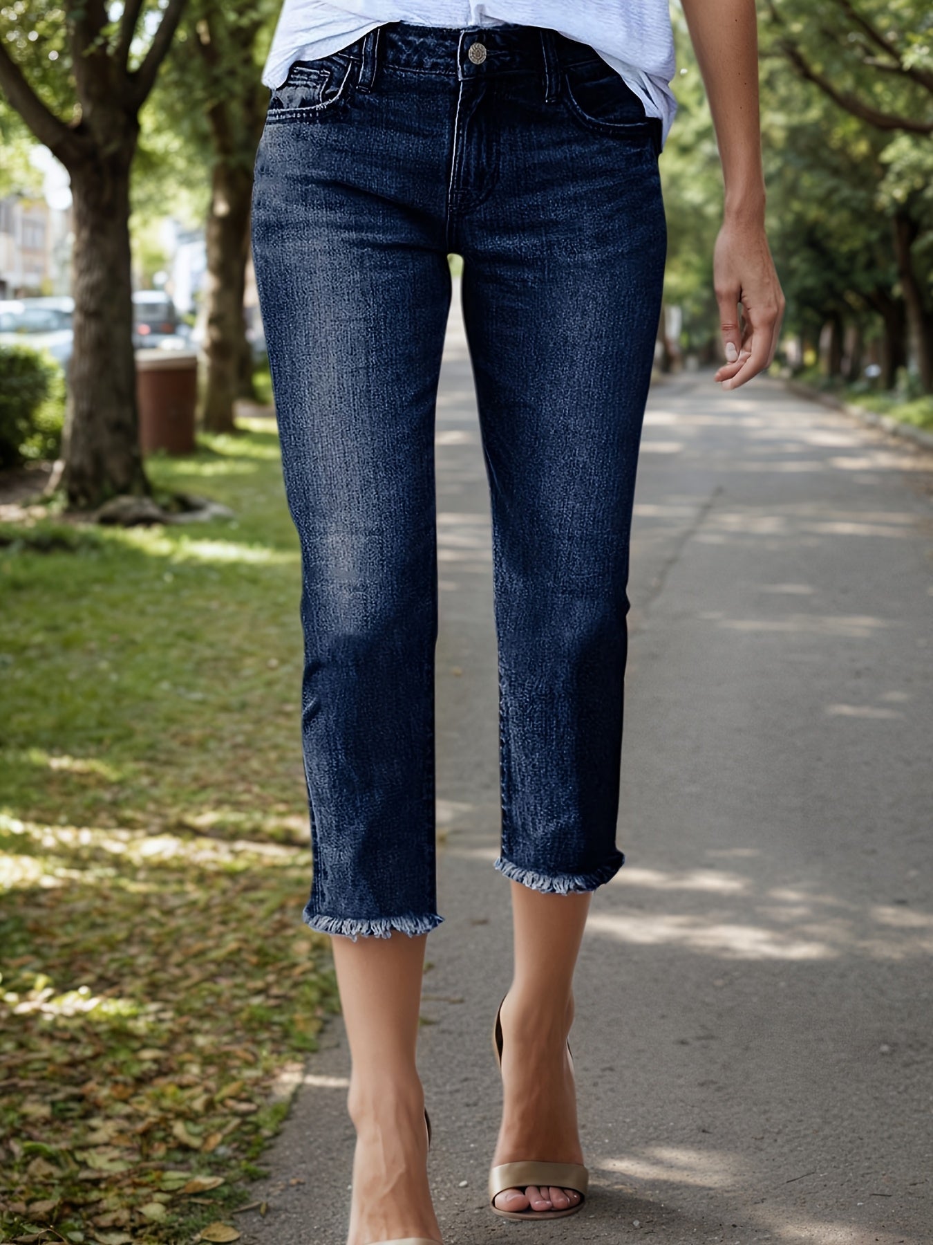 Women's Mid-Rise Jeans - Light Blue Raw Hem Stretch detail view