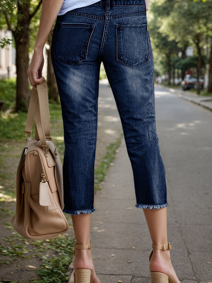 Women's Mid-Rise Jeans - Light Blue Raw Hem Stretch detail view