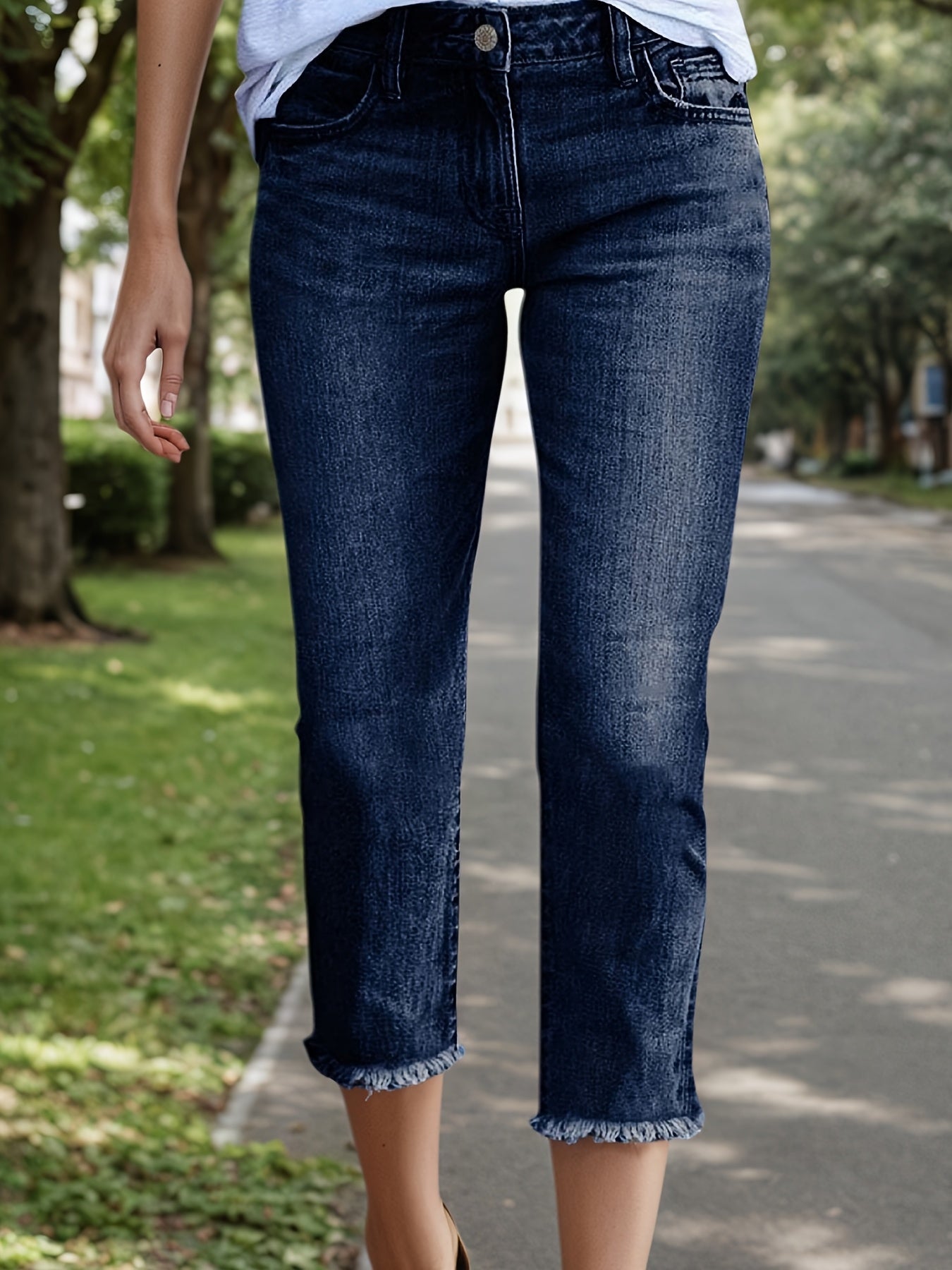 Women's Mid-Rise Jeans - Light Blue Raw Hem Stretch detail view