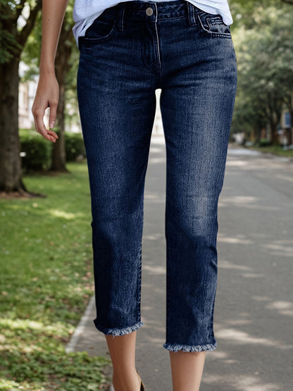 Women's Mid-Rise Jeans - Light Blue Raw Hem Stretch detail view