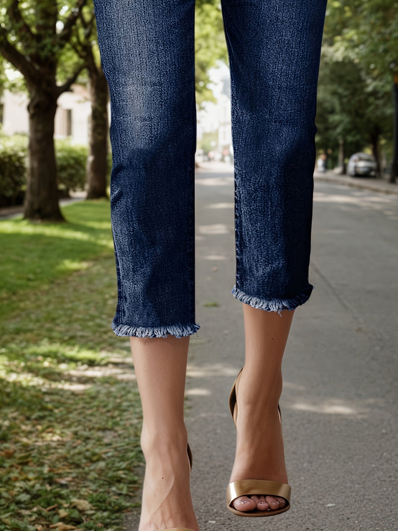 Women's Mid-Rise Jeans - Light Blue Raw Hem Stretch detail view