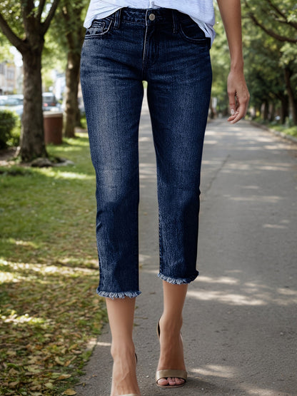 Women's Mid-Rise Jeans - Light Blue Raw Hem Stretch detail view
